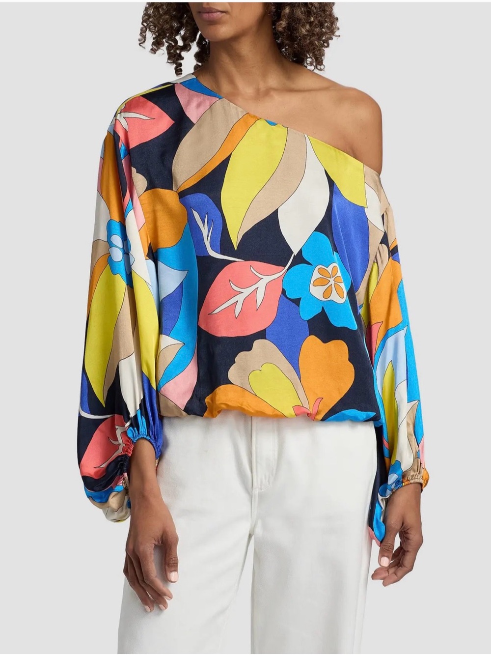 NWT Ramy Brook
Hibiscus Marley Satin One-Shoulder Blouse